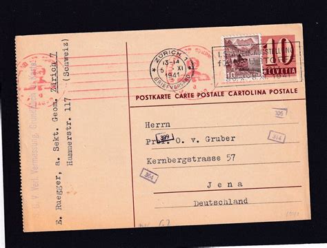 Ganzsache 10 Rp 10 ʘ Zürich1941 Jena Zensur Frankfort M Kaufen