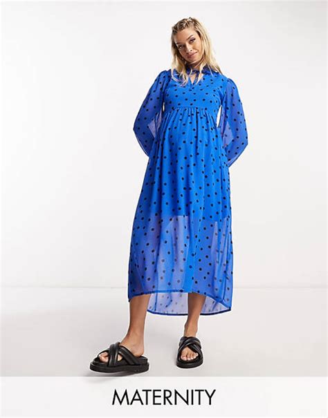 Wednesdays Girl Maternity Tiered Polka Dot Midi Smock Dress In Blue Asos