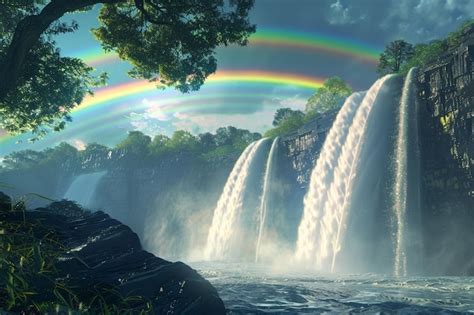 Premium Photo Double Rainbow Over A Cascading Waterfall Octane R