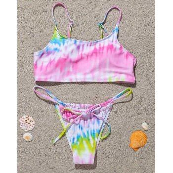 Emmiol Free Shipping 2023 Tie Dye Smocked Lace Up Triangle Bikini As