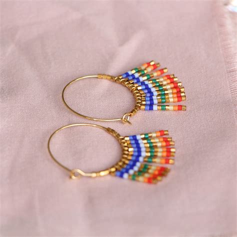 B O BAMBOU Golden Hoop Earrings With Fringes In Miyuki Pearls 24K