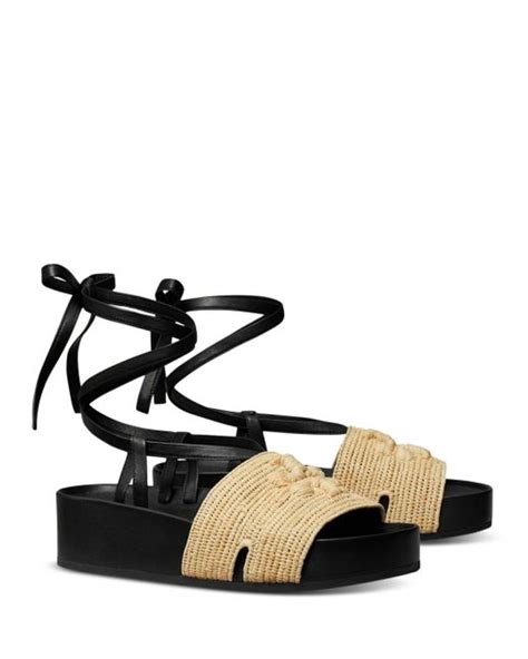 Tory Burch Leather Eleanor Strappy Raffia Platform Sandals In Black