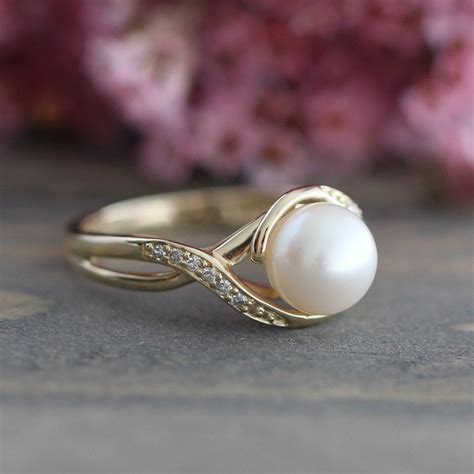 Pearl Engagement Ring In 10k Yellow Gold Infinity Diamond