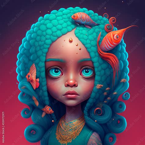 Illustration Of A Beautiful Mixed Mermaid Girl Portrait With Blue Hair And Beautiful Big Eyes