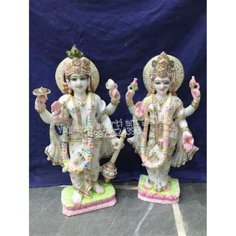 White Painted Marble Lord Vishnu Laxmi Statue For Worship Size