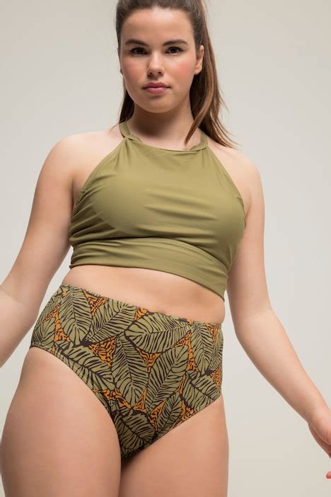 Leaf Print High Waisted Bikini Bottoms Light Olive Ulla Popken