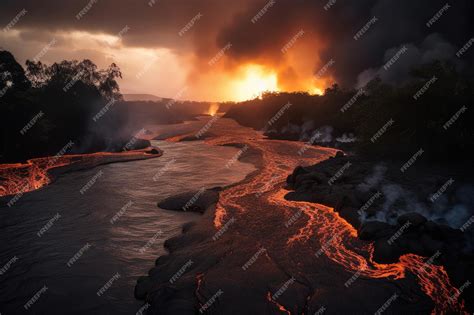 Premium AI Image | Volcanic eruption with view of lava flow overflowing ...