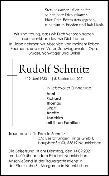 Traueranzeigen Von Rudolf Schmitz Wirtrauern