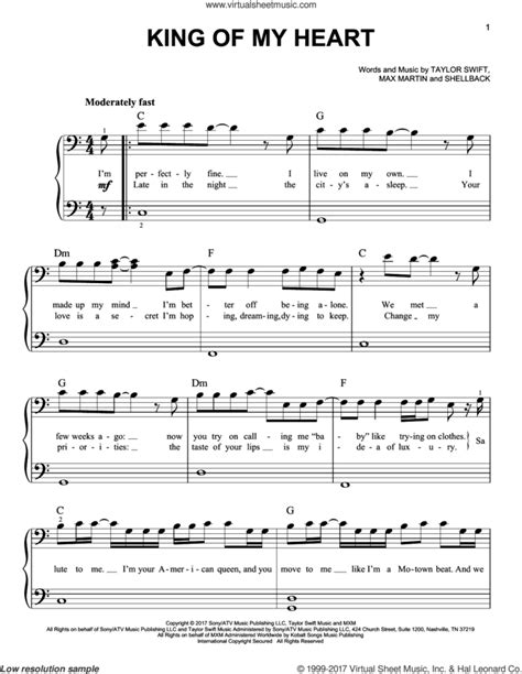 Taylor Swift King Of My Heart Sheet Music For Piano Solo Pdf