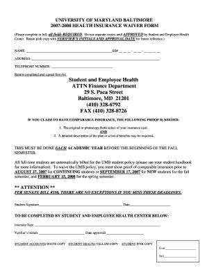 Fillable Online Fincsvc Umaryland 2007 2008 HEALTH INSURANCE WAIVER