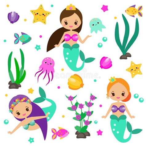 Cute Mermaids Set And Design Elements Stickers Clip Art For Girls In