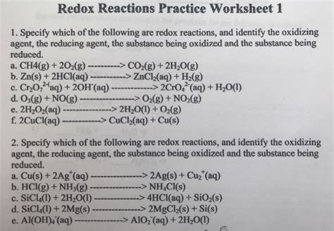 Solved Redox Reactions Practice Worksheet Specify Which Chegg