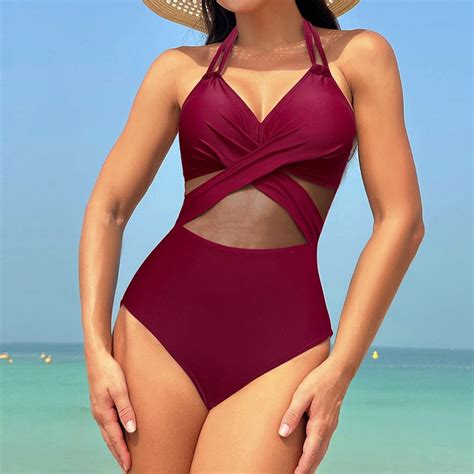 Women Hanging Neck Jumpsuit Swimsuits Sexy Mesh Bikini Swimwear