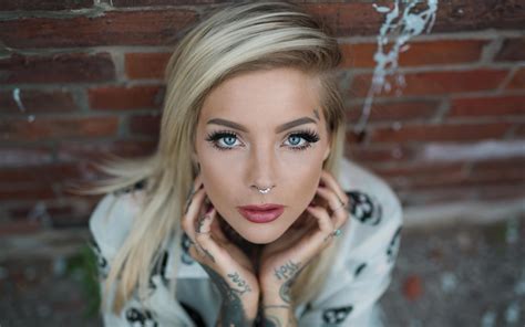 Blue Eyes Model Tattoo Nose Rings Women Blonde Hd Wallpaper