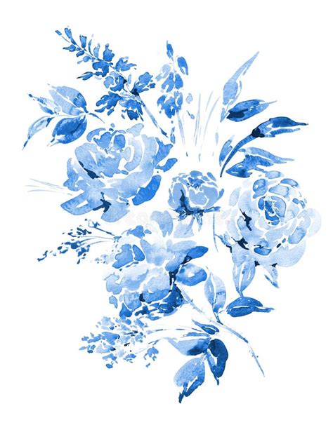 Rosas Azuis Da Aquarela Flores Galhos Folhas Botões Ilustração