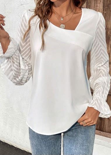 Rotita Ruched White Asymmetrical Neck Long Sleeve T Shirt Rotita