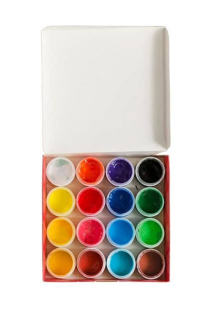 Premium Photo Colorful Gouache Paint Open Jars In A Box On White