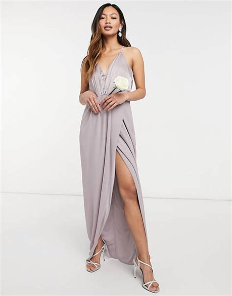 Tfnc Bridesmaid Satin Halterneck Top Maxi Dress In Gray Asos