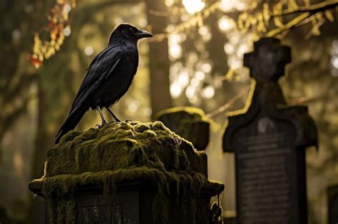 Premium Ai Image A Crow Perched On A Mosscovered Gravestone In An