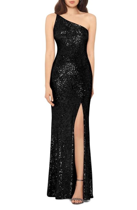 XScape Black Multi One Shoulder Sequin Gown Long Formal Dr Black