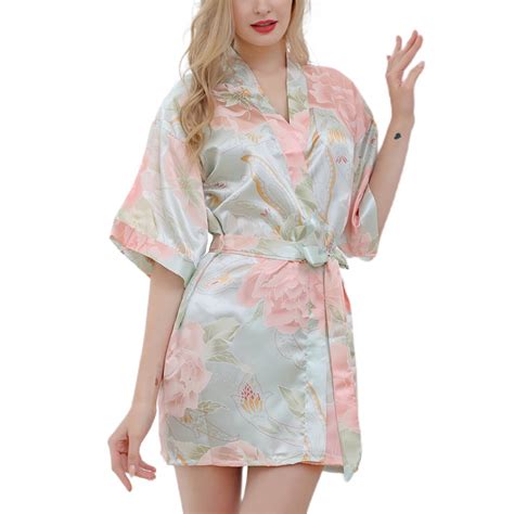 Homgro Womens Satin Robe Floral Sexy Short Sleeve Kimono Soft Summer V