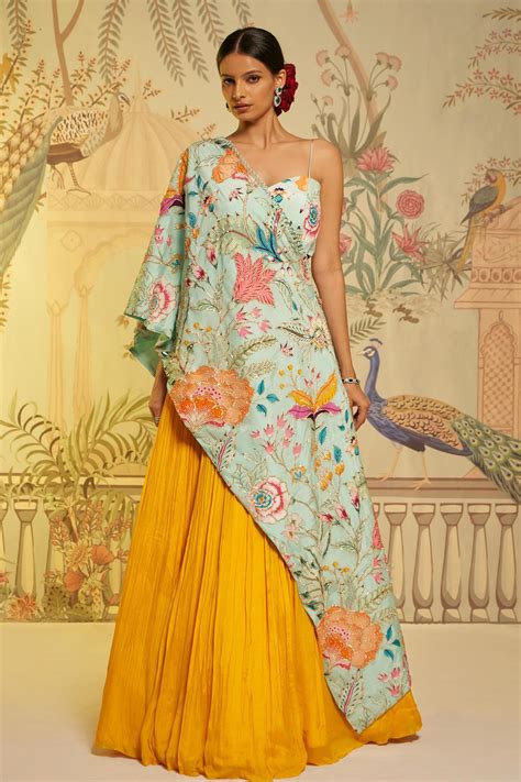 Buy Aayushi Maniar Blue Crepe Silk Printed Cape And Lehenga Set Online