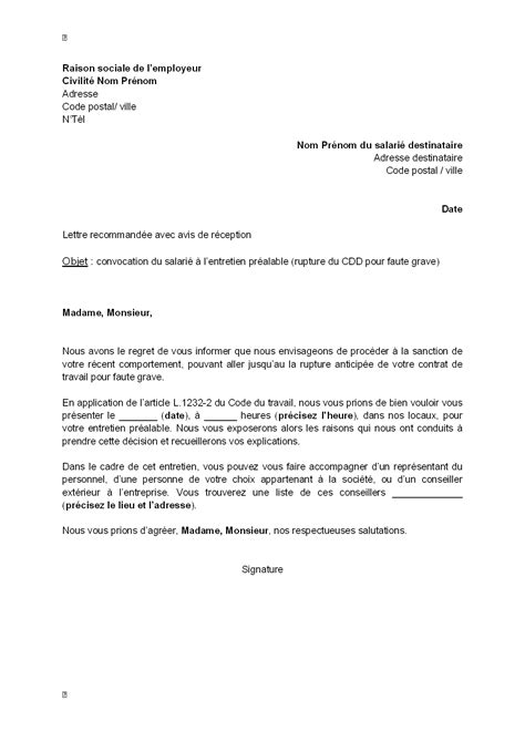 Modele De Courrier Licenciement Pour Faute Grave