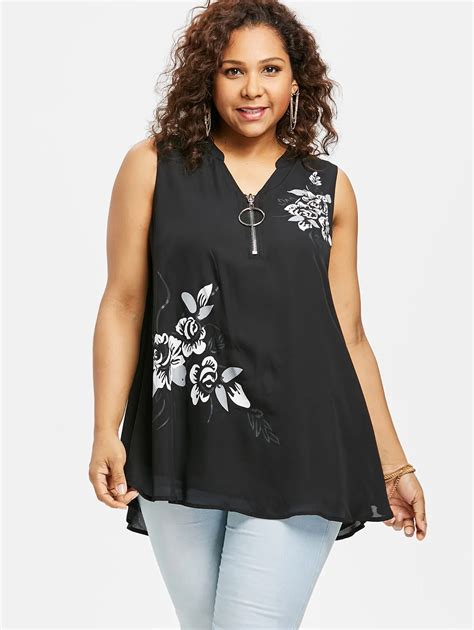 Buy Wipalo Plus Size Zip Neck Floral Sleeveless Breezy Tank Top Summer Ladies