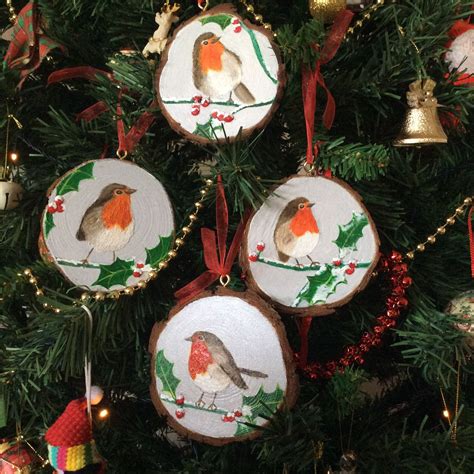 Christmas Robins Decoration Painted Using Acrylics On Woodslices