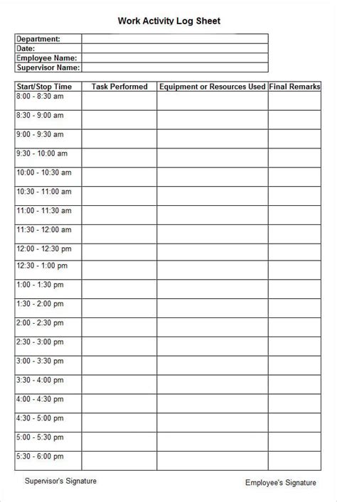 Printable Daily Activity Log Template