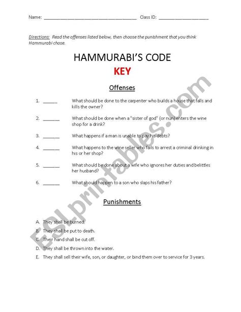 English Worksheets Hammurabis Code Mesopotamia