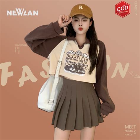 Jual Newlan Zz Amerika Retro Polo Kerah Aprikot Sweater Wanita Musim