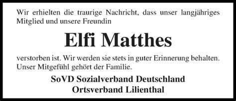 Traueranzeigen Von Elfi Matthes Trauer Gedenken