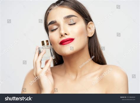 Beautiful Woman Naked Shoulders Red Lips Stock Photo