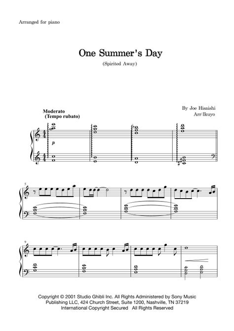 One Summer S Day Arr Ikuyo By Joe Hisaishi Sheet Music For Piano