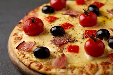 Pizza With Ham Mozzarella Cheese Cherry Tomatoes Red Pepper Black