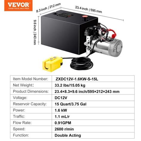 Pompe Hydraulique 12 V VEVOR Pompe Hydraulique DC 12V 14L Groupe