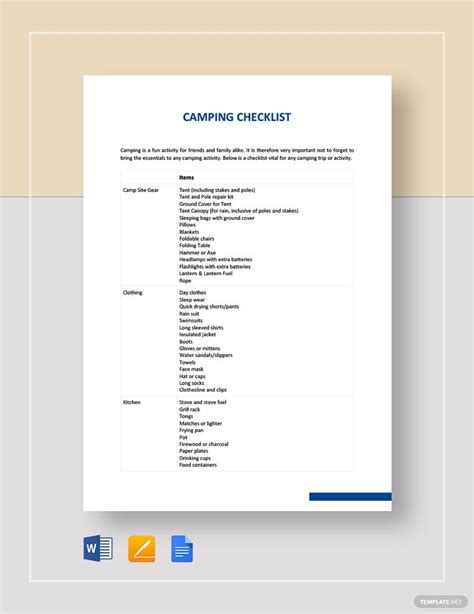 Simple Camping Checklist Template in Google Docs, Word, Pages ...