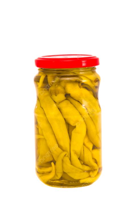 Pickled Peppers In Glass Jar On White Hot White Pickles Container