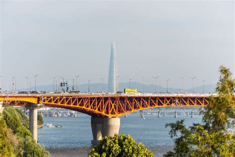 Bridge Over Hangang River Han River Against Seoul Skyline In South