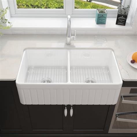 Tobili 33 L X 18 W Fireclay Farmhouse Double Bowl Kitchen Sink With Sink Grid And Basket