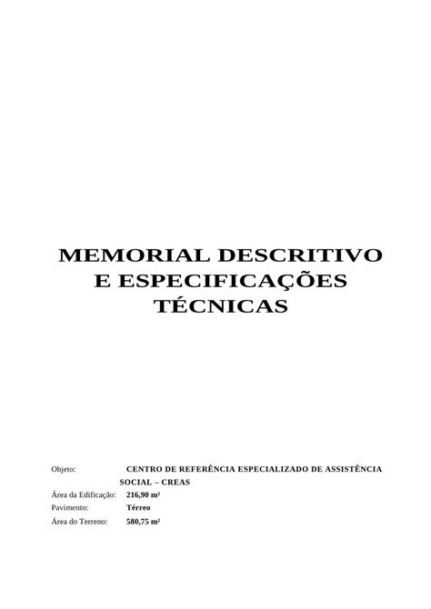 PDF MEMORIAL DESCRITIVO E ESPECIFICAÇÕES TÉCNICAS Fica a