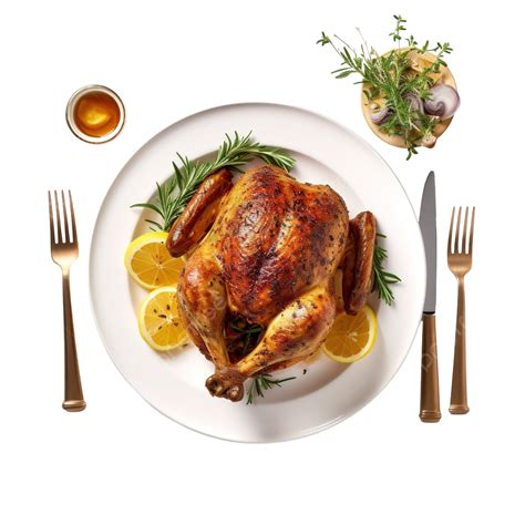 Top View Of Thanksgiving Roasted Chicken On Plate With Cutlery Food