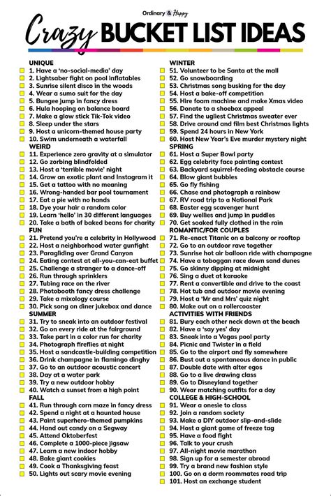 100+ Crazy Bucket List Ideas - Ordinary and Happy