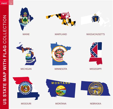 US State Maps with flag collection, nine USA map contour with flag ...