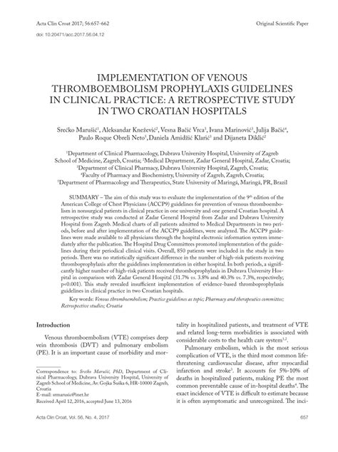 Pdf Implementation Of Venous Thromboembolism Prophylaxis Guidelines In Clinical Practice A