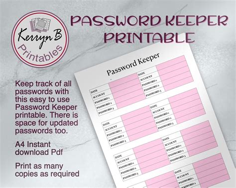 Pink Password Keeper A4 Printable Password Login Tracker A4 Instant Download Pdf Business