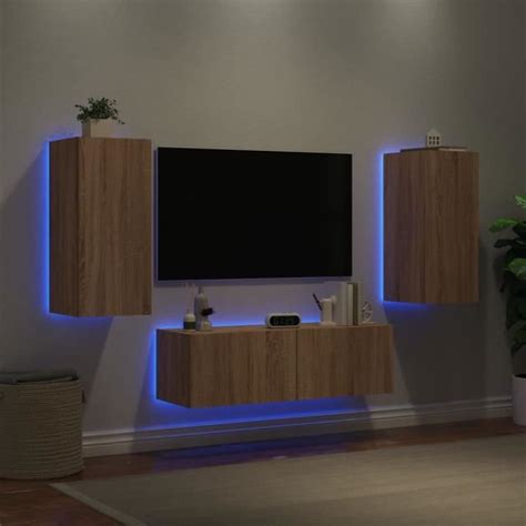 Meuble TV muraux 3 pcs avec lumières LED chêne sonoma Qqmora xY2382