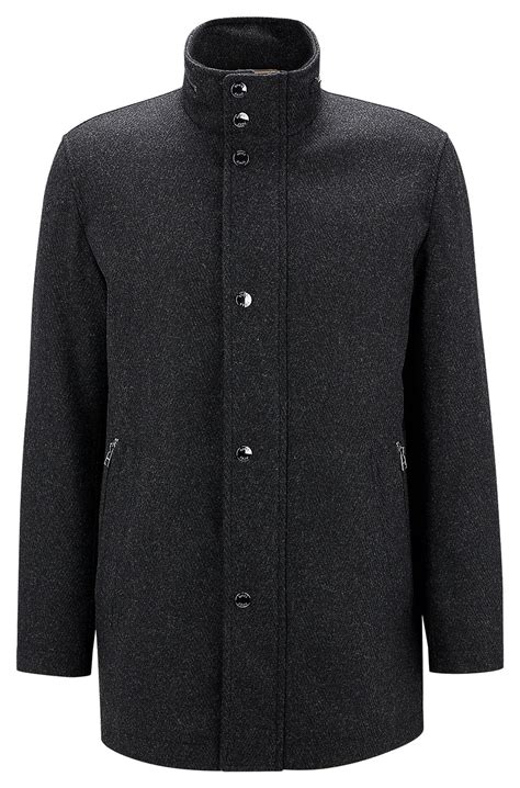 Boss Wool Blend Coat In Herringbone Weave With Stand Collar