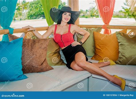 Brunette In The Gazebo With Cushions Stock Photo Image Of Modern Beautiful 100157856